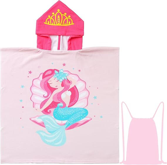Hi! I’m Olive and this is my favorite type of towel for beach days. It has a hood so my hair doesn’t stay all wet, and it’s, soft and big. I use it like a blanket! It’s not a boring grown-up towel either. It has a mermaid on it, and makes me feel cozy.